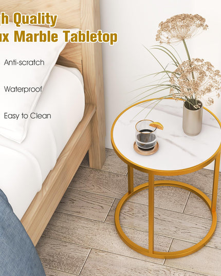 Giantex Faux Marble Side Table, Round End Table with Golden Metal Frame and White Marble Top