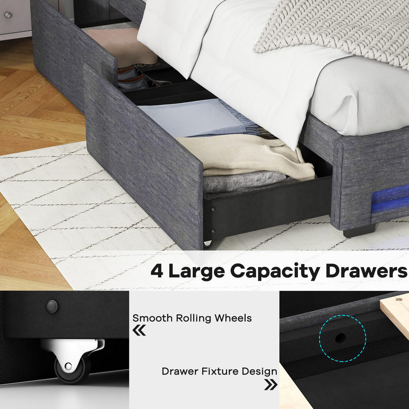 Giantex Bed Frame with LED Lights & Charging Station, Upholstered Platform Bed with Wingback Headboard