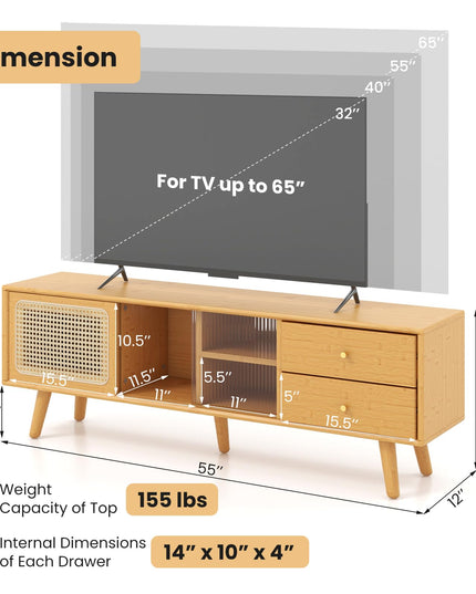 Giantex Bamboo TV Stand for 55 60 65 Inch TV, PE Rattan Entertainment Center with Sliding Doors