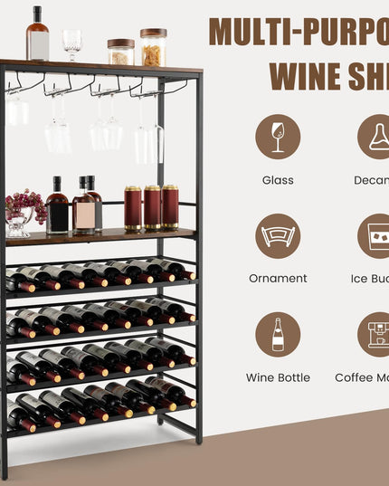 Floor Wine Rack w/ 4-Tier Wine Storage & 4 Rows of Stemware Racks