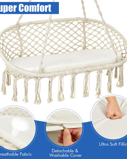 Hammock Chair 2 Seat, Macrame Hanging Chair with Cushion