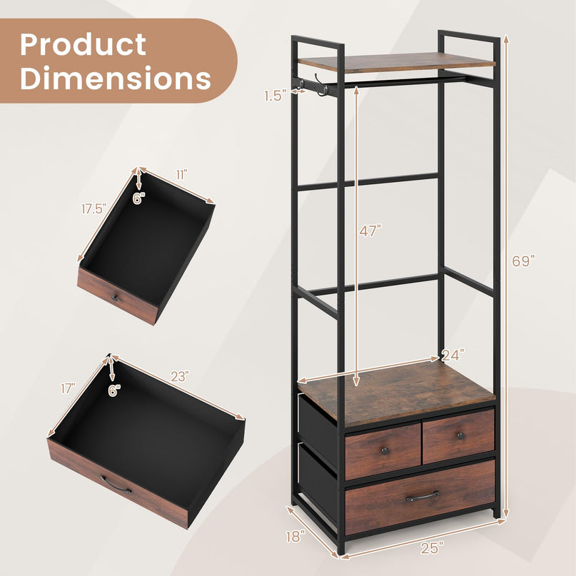 Giantex Clothes Rack with Drawers | Heavy Duty Clothing Garment Rack with Side Hooks and Metal Frame