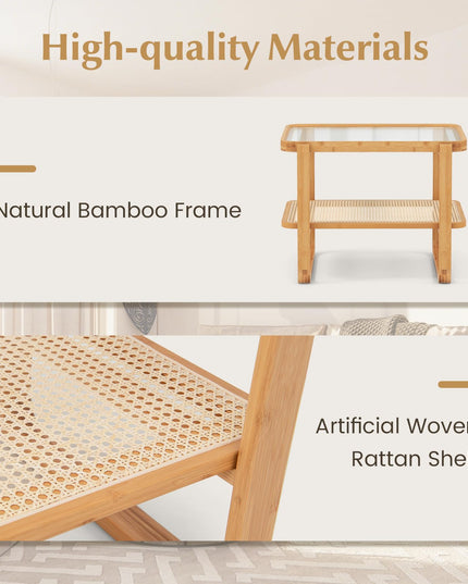 Giantex Rattan Side Table, Boho End Table with Glass Top and 2-Tier Storage Shelves