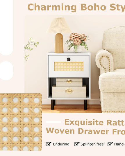 Giantex Rattan Nightstand with Drawer Set of 1/2 Modern Bed Side Table