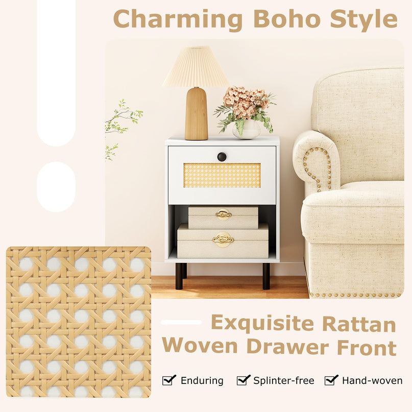 Giantex Rattan Nightstand with Drawer Set of 1/2 Modern Bed Side Table