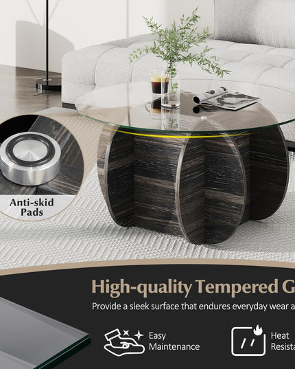 Giantex 35" Glass Round Coffee Table with Storage & Solid Wood Base