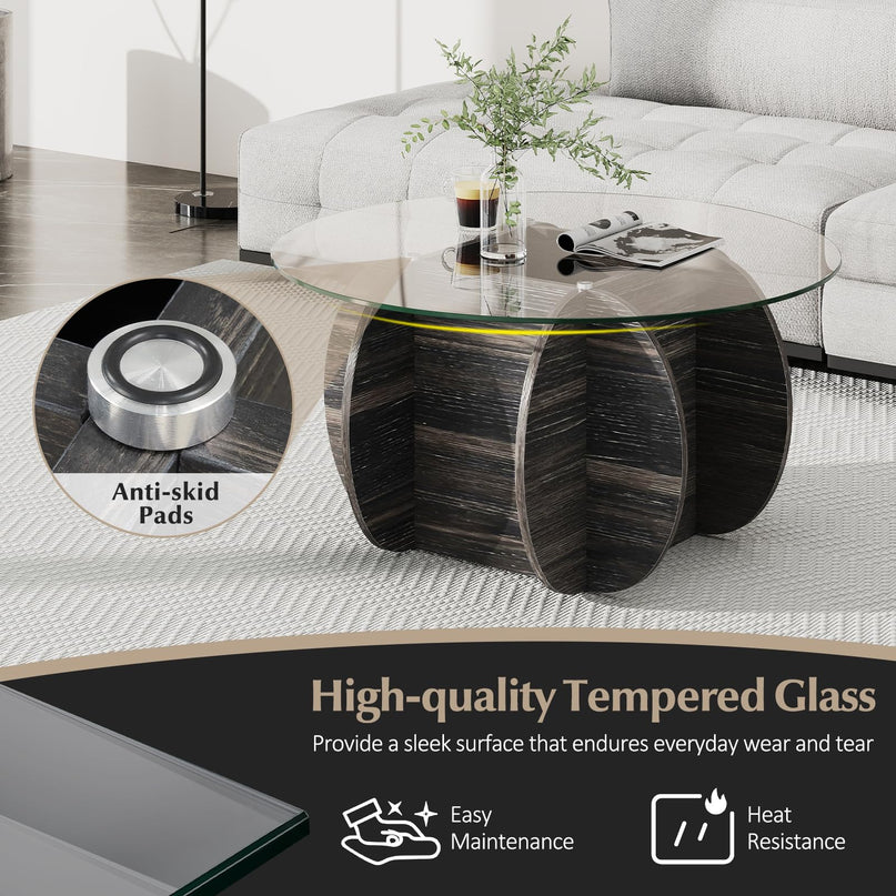 Giantex 35" Glass Round Coffee Table with Storage & Solid Wood Base