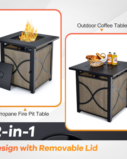 25-Inch Propane Fire Pit Table, 40000 BTU Square Gas Firepit Table with Lid