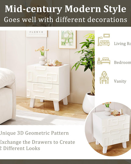 Giantex 2-Drawer Bedside Table with 3D Geometric Patterns for Small Space