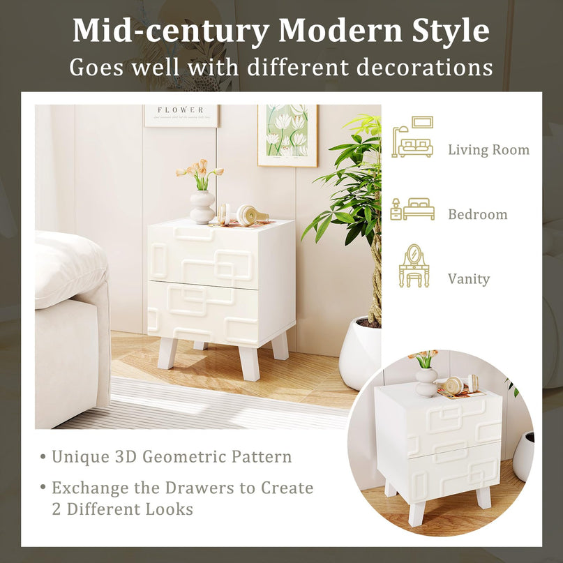 Giantex 2-Drawer Bedside Table with 3D Geometric Patterns for Small Space