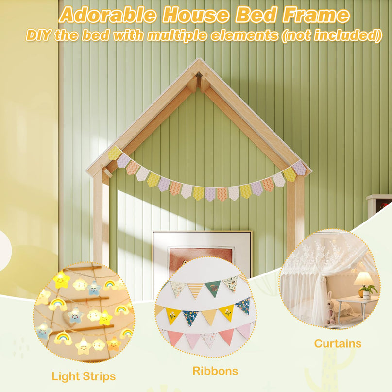 Giantex Twin Size House Bed with House Shape Roof & Semi-Fence