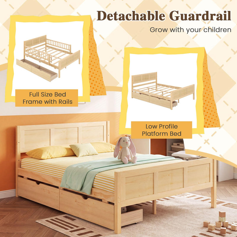 GIANTEX Full/Twin  Size Bed Frame with 2 Storage Drawer & Guardrails for Kids