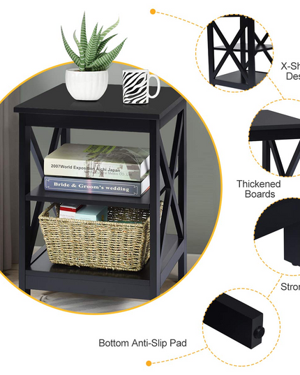 Nightstand 3-Tier X-Design W/Storage Shelves and Stable Structure Storage Organizer Display Sofa Side Table