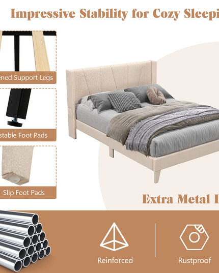 Giantex Queen/Full Bed Frame with Geometric Wingback Headboard, Modern Beige Bed