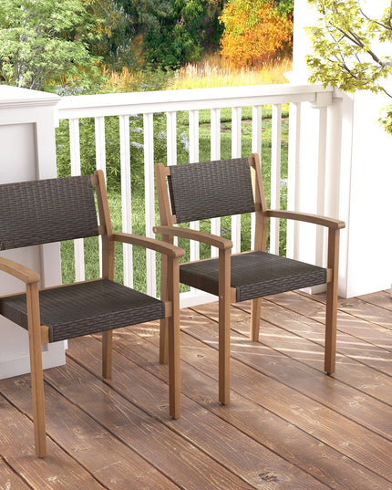 Giantex Stackable Outdoor Wicker Dining Chair Set, Rattan Armchairs w/Acacia Wood Frame