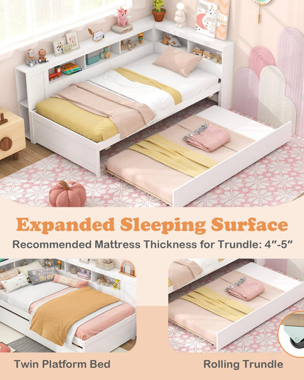 Giantex Twin Daybed with Trundle, Wood Twin Bed Frames with Storage Headboard, Reversible Bookcase