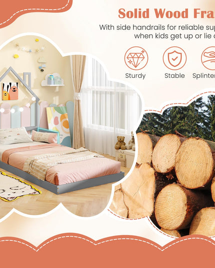 Giantex Twin Floor Bed for Kids, Wood Montessori Floor Bed with Chimney Headboard & Handrail