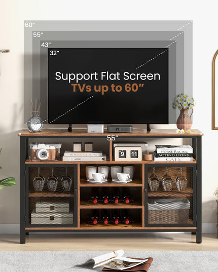 Giantex Coffee Bar Cabinet for Liquor and Glasses, 55” Buffet Sideboard with 8-Bottle Wine Racks, 6 Rows of Wine Glass Holders