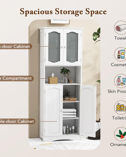 Giantex 64.5" Tall Bathroom Cabinet, Pantry Cabinet with Tempered Glass Doors, Adjustable Shelves