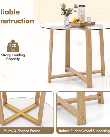 Giantex 42” Round Dining Table for 4, Kitchen Table with 0.3” Tempered Glass Tabletop, Rubber Wood Legs