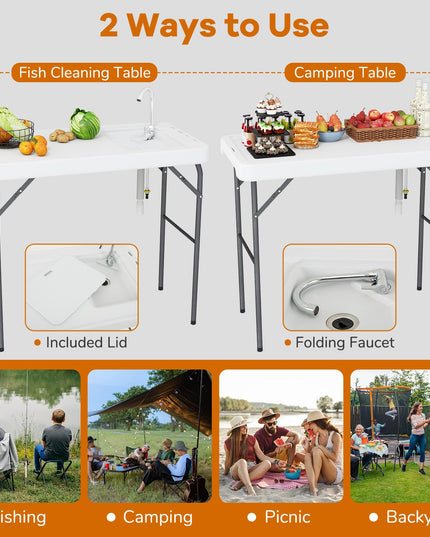 Giantex Portable Fish Cleaning Table Folding 42.5" Camping Table with Sink