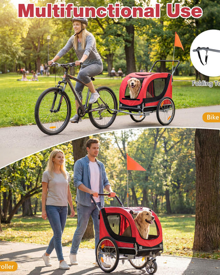Giantex 2-in-1 Dog Bike Trailer & Pet Stroller for Large Dogs – Foldable Pet Carrier Cart with Front Caster & 2 Air-Filled Tires