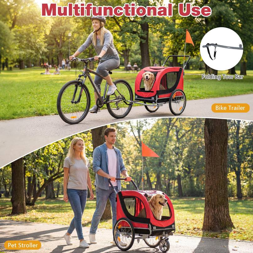 Giantex 2-in-1 Dog Bike Trailer & Pet Stroller for Large Dogs – Foldable Pet Carrier Cart with Front Caster & 2 Air-Filled Tires