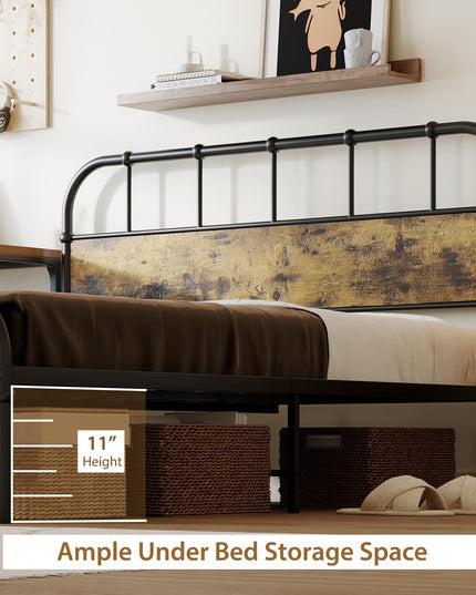 Giantex Queen Size Metal Bed Frame with Wood Headboard, Industrial Platform Bed Frame with Heavy Duty Metal Slat