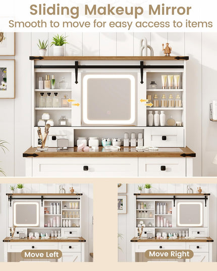CHARMAID Farmhouse Vanity Desk with Barn-Style Sliding Mirror, Lights & Stool (42" Wide,White & Brown)