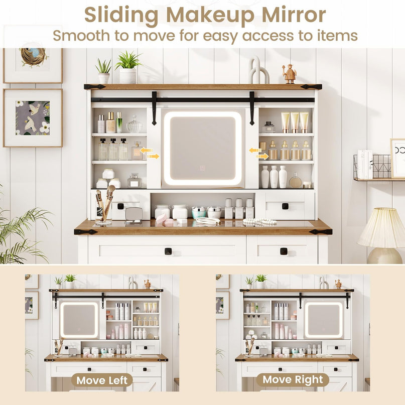 CHARMAID Farmhouse Vanity Desk with Barn-Style Sliding Mirror, Lights & Stool (42" Wide,White & Brown)