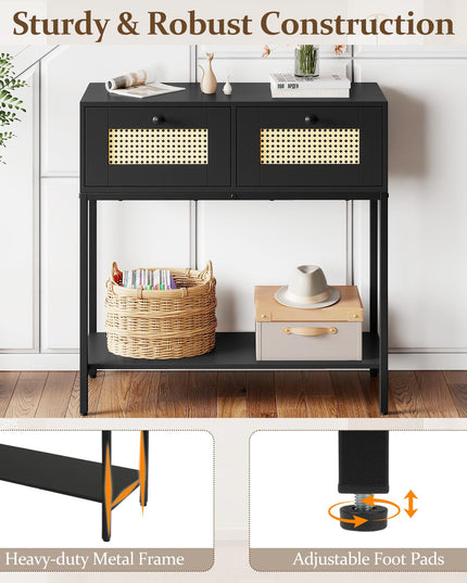 Console géante en rotin bohème de 81 cm avec 2 tiroirs et cadre en métal