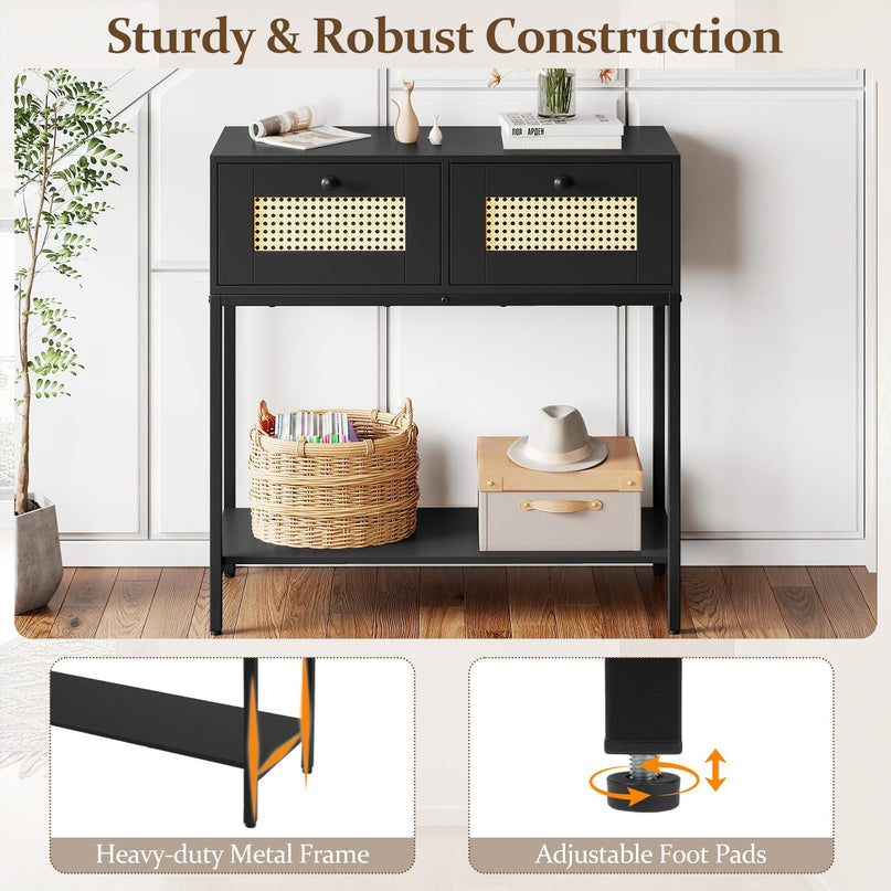 Console géante en rotin bohème de 81 cm avec 2 tiroirs et cadre en métal