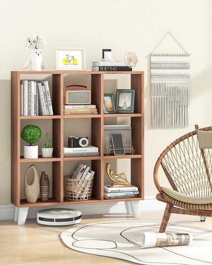 Giantex 9-Cube Open Bookcase, 3-Tier Freestanding Bookshelf with 4 Slanted Legs & 6 Removable Shelves