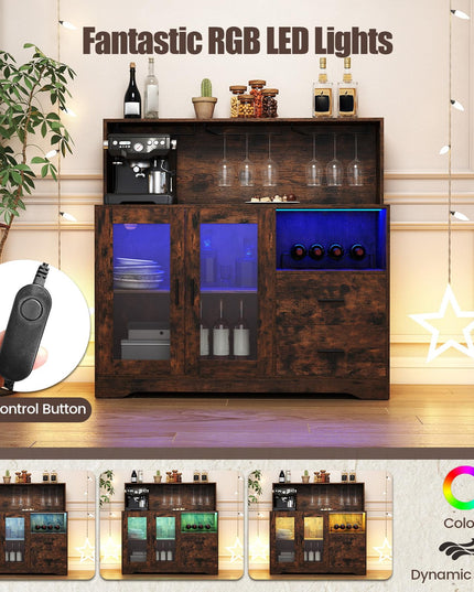 GIANTEX Wine Bar Cabinet with LED Lights & Charging Station