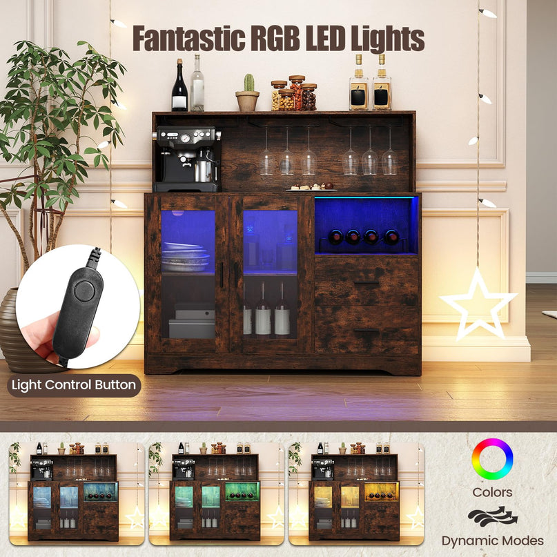 GIANTEX Wine Bar Cabinet with LED Lights & Charging Station