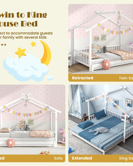 Giantex Extendable House Bed for Kids, Twin to King Daybed with Roof & Fence Rails, Wood Kids Bed Frame for Teens