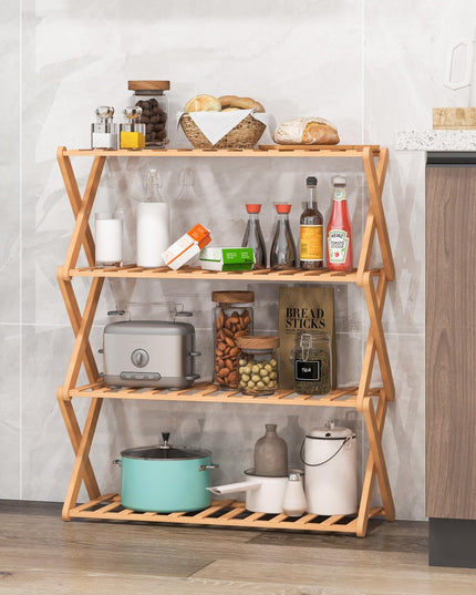 Giantex Bamboo Plant Stand Indoor, 4-Tier Folding Planter Shelf, Foldable Display Rack w/ Slatted Shelves, No Assembly