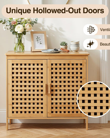 Giantex Freestanding Bamboo Bathroom Storage Cabinet with 2 Doors