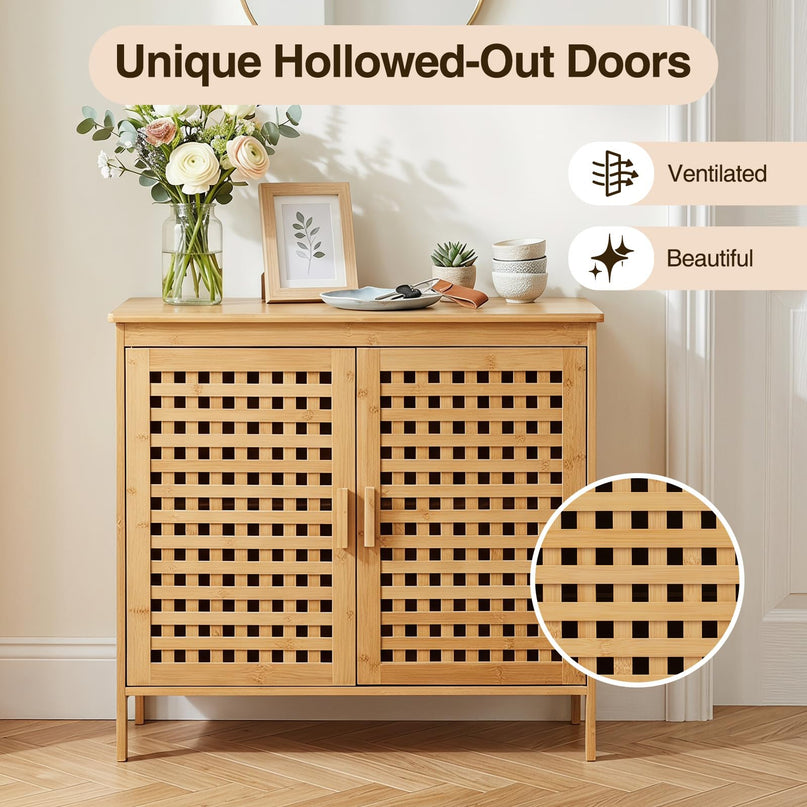 Giantex Freestanding Bamboo Bathroom Storage Cabinet with 2 Doors