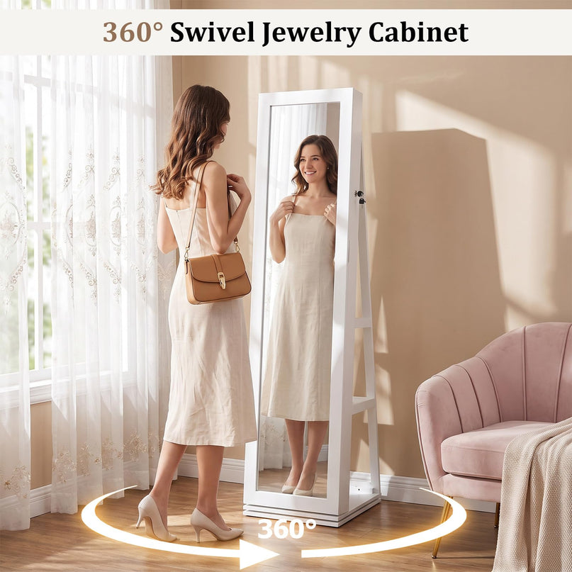 CHARMAID Lockable Standing Swivel Jewelry Armoire with Full Length Mirror