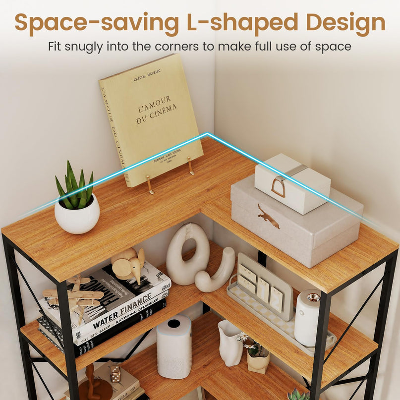GIANTEX 5-Tier Corner Bookshelf | L-Shaped Large Bookcase with Metal Frame