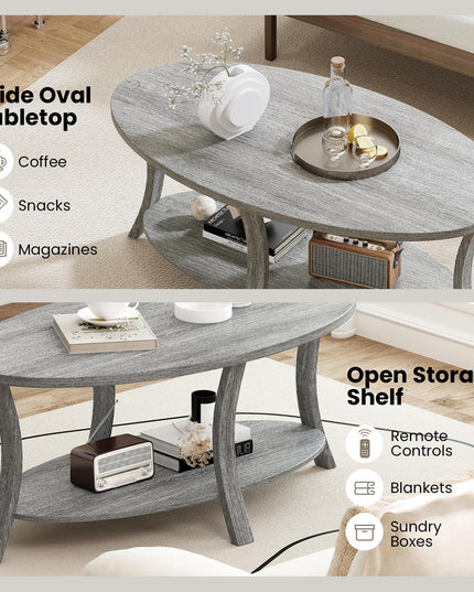 Giantex 44 Inch Oval Coffee Table with Storage Shelf & Rubber Wood Frame