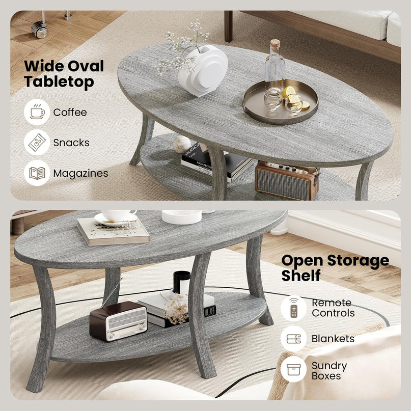 Giantex 44 Inch Oval Coffee Table with Storage Shelf & Rubber Wood Frame