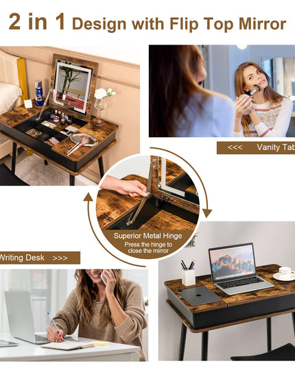 CHARMAID Vanity Desk with 3-Color Lighted Flip Top Mirror