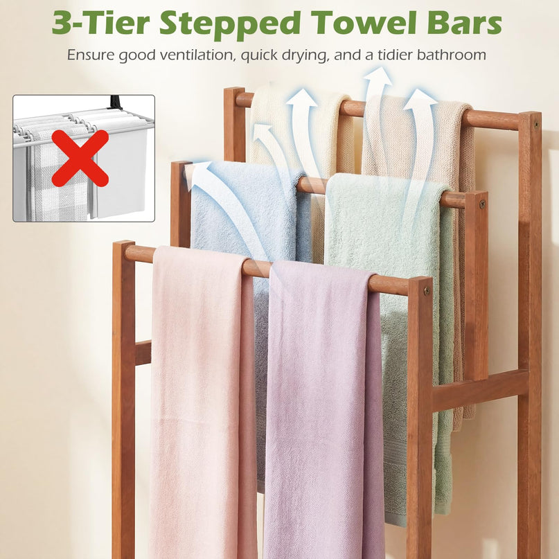 Giantex Freestanding Wooden Towel Rack Stand 3-Tier Bath Towel Drying Rack