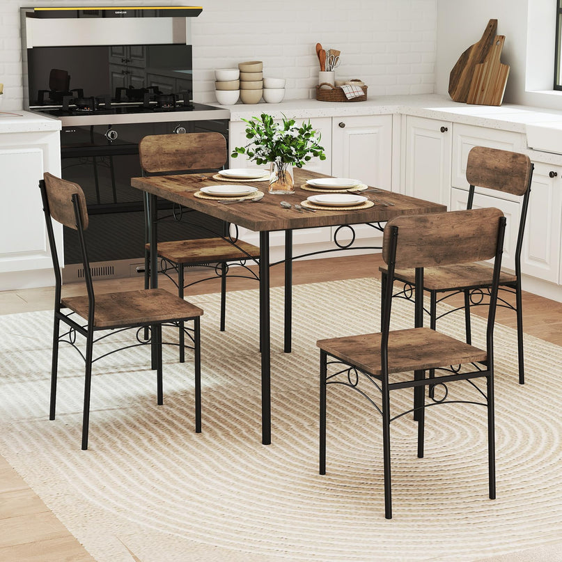 Giantex Rectangle Kitchen Table and 4 Farmhouse Dining Chairs with Heavy-Duty Metal Frame