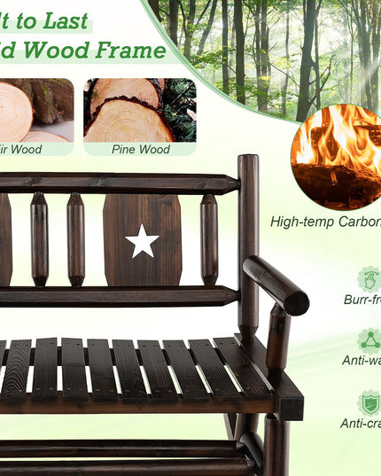 Giantex Outdoor Rocking Bench, Patio Loveseat Rocker for 2 w/Ergonomic Back & Log Arms, Carbonized Fir Wood Frame
