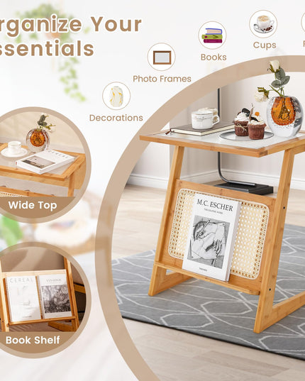 Giantex Rattan Side Table, Boho End Table with Glass Top & Magazine Rack, Z-Shaped Nightstand with Storage
