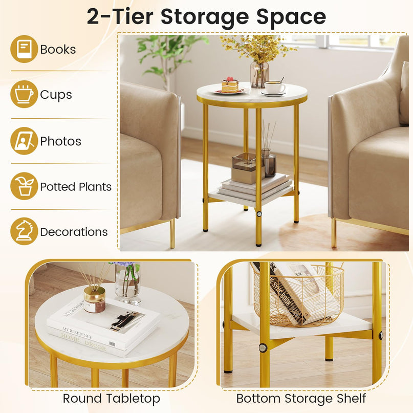 Giantex 2 Tier Faux Marble Bedside Night Stand w/Metal Frame & Open Storage Shelf