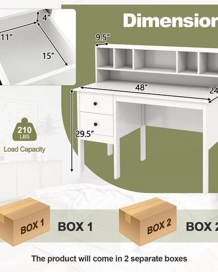 Giantex White Desk with Drawers and Power Outlet, 48" Home Office Computer Desk with 5-Cubby Hutch